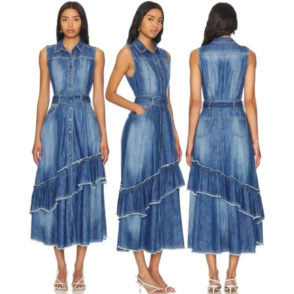 Free People Western Bohemian Ruffle Denim Midi Maxi Dress Belted Cowgirl Small
